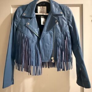 Stylish Blue Leather Jacket with Fringe